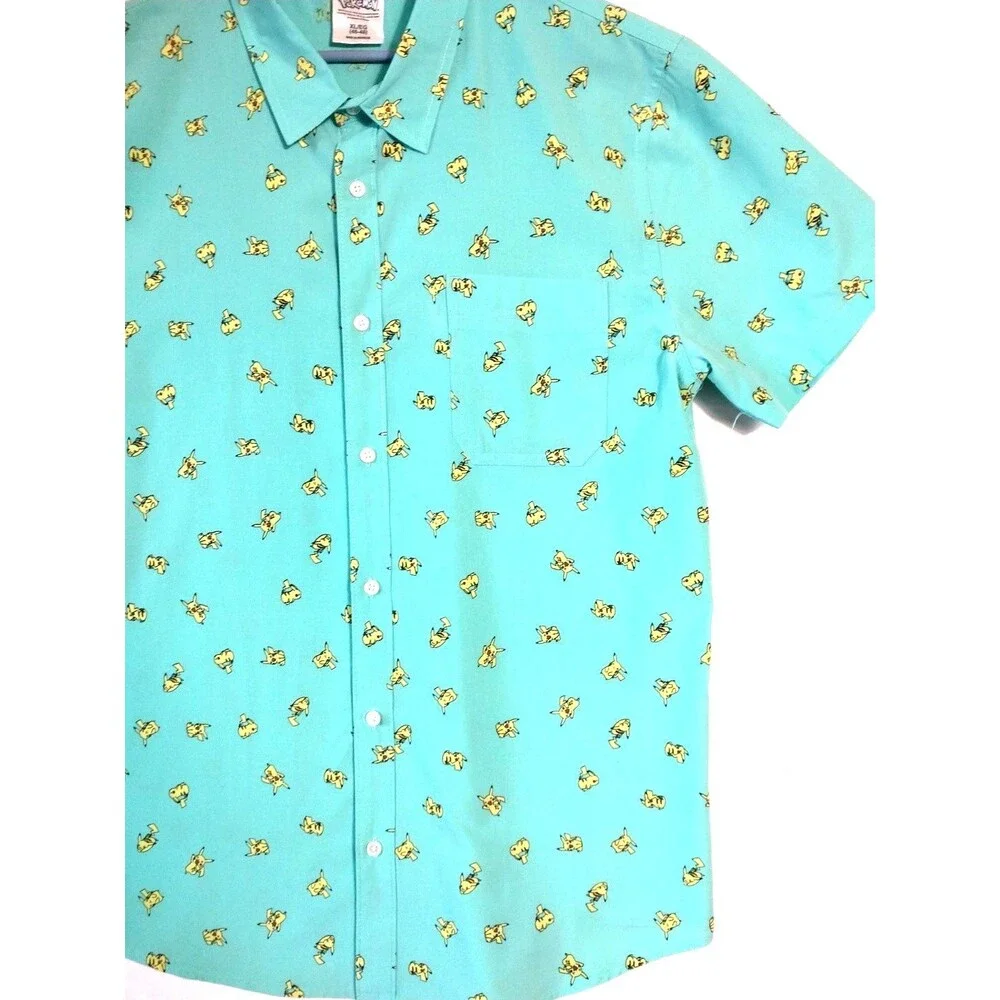 Pokemon Shirt Men's X-Large (46-48) Green Pikachu Button Up Short Sleeve Casual - Picture 5 of 9